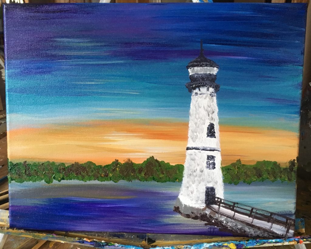 Lighthouse sunset painting