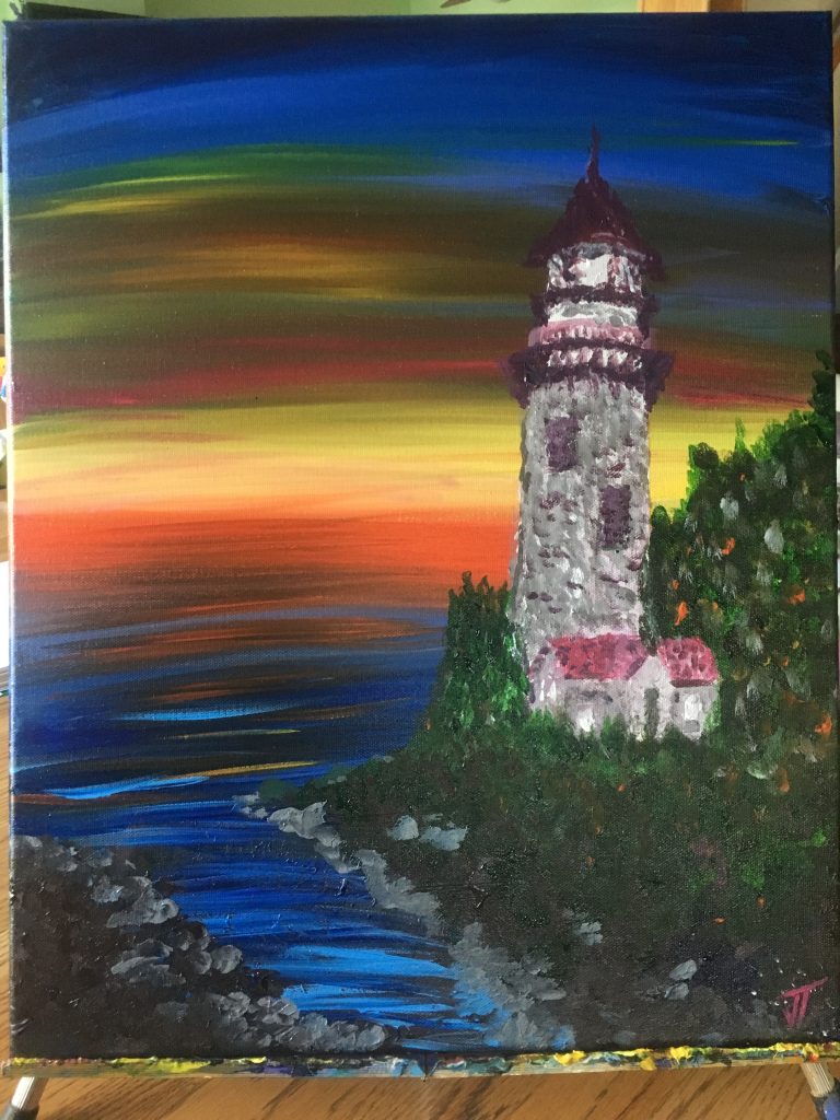 Lighthouse with blues orange yellow painting